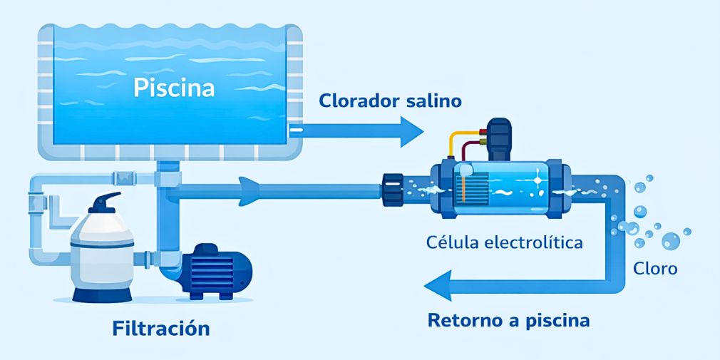 Esquema funcionamiento clorador salino en piscina