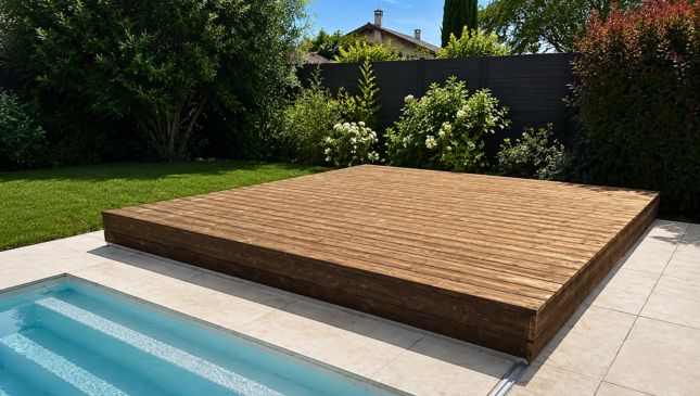 Terraza móvil que también es cubierta para piscina